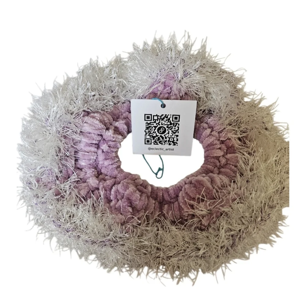 Hand Crafted Crochet Kids Scrunchie Purple Chenille Eyelash Soft Yarn Hair Tie